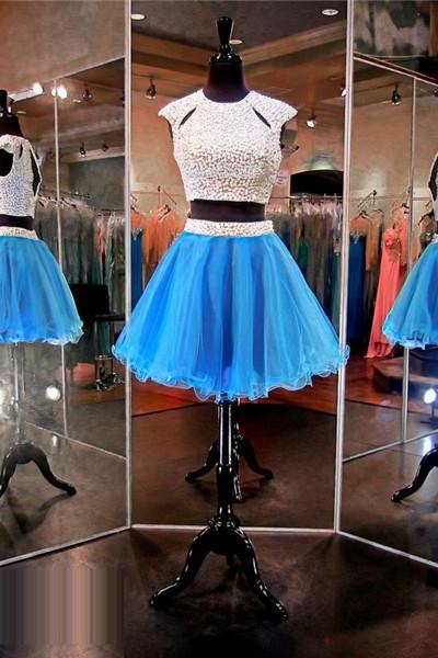 Prom Dresses,evening Dress,blue Short Prom Dresses,junior Prom Dresses,two Piece Prom Dress,cap Sleeves Party Dresses, Homecoming Dress,short