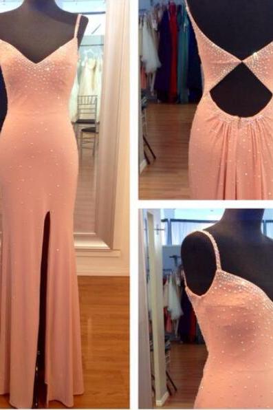 Prom Dresses,Evening Dress,New Arrival Prom Dress,Modest Prom Dress,2017 High Slit Prom Dress,Mermaid Prom Dress,Pink Evening Dress,Cut Out Long Evening Dress,V neckline Party Dress with Beaded