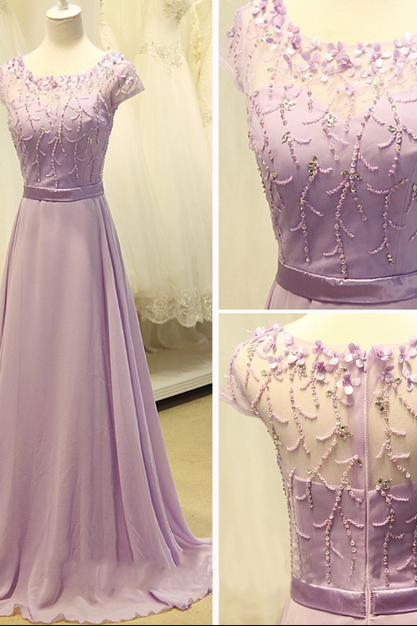 Prom Dresses,evening Dress, Prom Dress,modest Prom Dress,cap Sleeve Light Purple Long Chiffon Prom Dress A Line Party Dresses Bridesmaid Dress