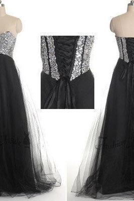 Prom Dresses,evening Dress,black Prom Dresses,glamorous Sweetheart Sleeveless Tulle Prom Dress With Sequins