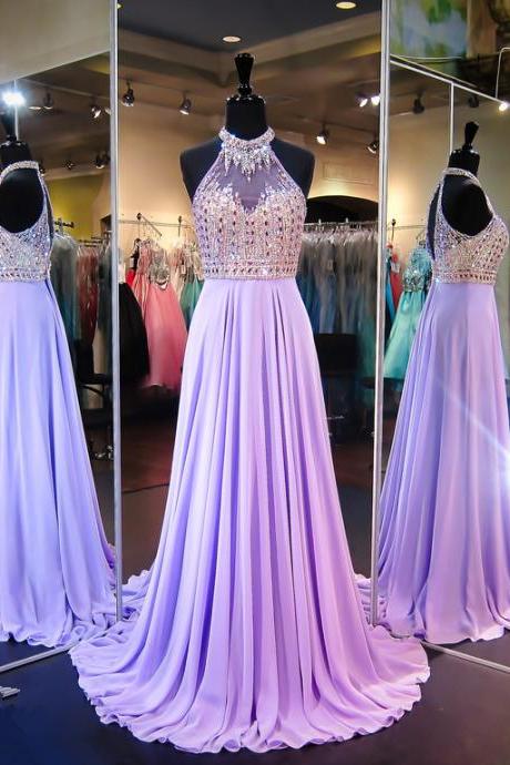 Prom Dresses,Evening Dress,Prom Dresses,Modern Halter Crystals 2017 Evening Dress Chiffon Sleeveless A-line Sweep Train Prom Dress