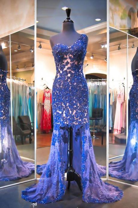 Prom Dresses,evening Dress,prom Dresses,gorgeous Lace Appliques Mermaid Evening Dress 2017 Hi-lo One Shoulder Prom Dress