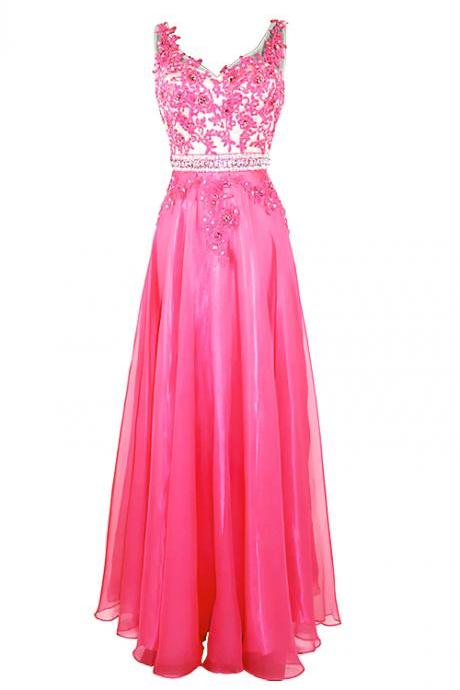 Prom Dresses,evening Dress,prom Gown,pretty A-line V-neck Long Chiffon Lace Prom Dress With Rhinestone