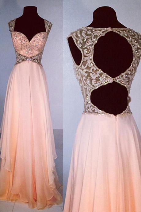 Prom Dresses,evening Dress, Prom Dress,exquisite V-neck A-line Floor Length Chiffon Peach Prom Dress Beading
