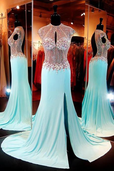 Prom Dresses,Evening Dress,Mermaid Prom Dresses, Luxuriours High Neck Baby Blue Split Open Back Sweep Train Prom Dress with Beading