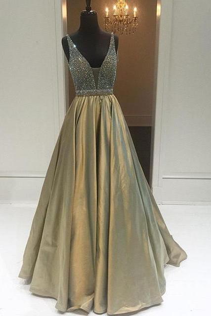 Prom Dresses,evening Dress,modest Prom Dresses,sexy Prom Dress,elegant Sparkly Beads Top A-line Evening Dress Open Back Stretch Satin Prom Gown