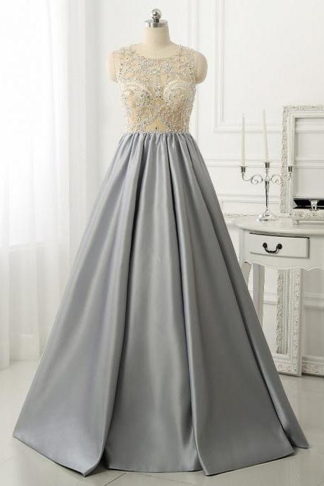 Prom Dresses,evening Dress,modest Prom Dresses,sexy Prom Dress,elegant Sparkly Beads Top A-line Evening Dress Open Back Stretch Satin Prom Gown
