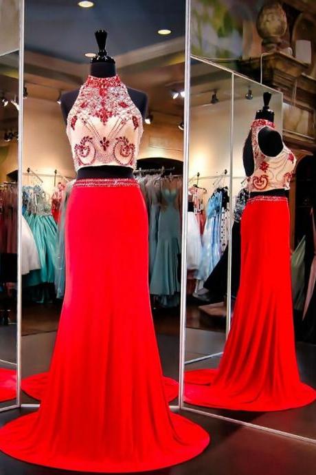 Prom Dresses,Evening Dress,Modest Prom Dresses,Sexy New Prom Dress,High Collar Two Piece Prom Dresses Beading Open Back Long 2016 Evening Gowns