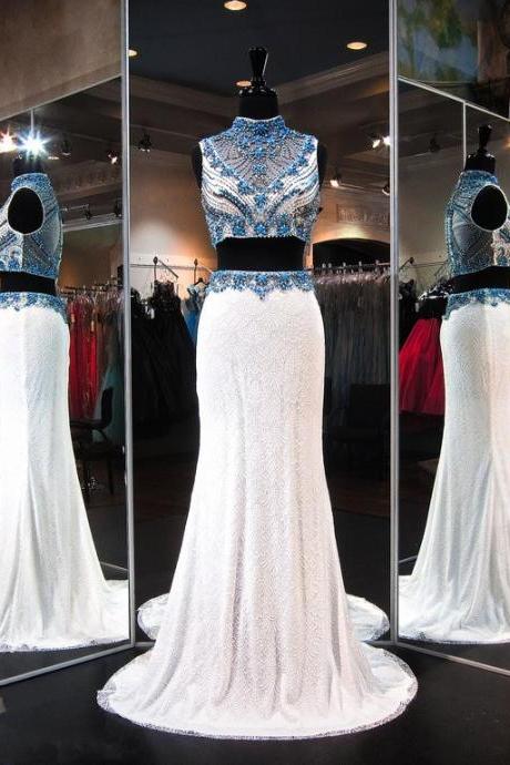 Prom Dresses,Evening Dress,Prom Dresses,Prom Dress,High-Neck Gorgeous Lace Two-Piece Zipper Sleeveless Crystals Evening Dress