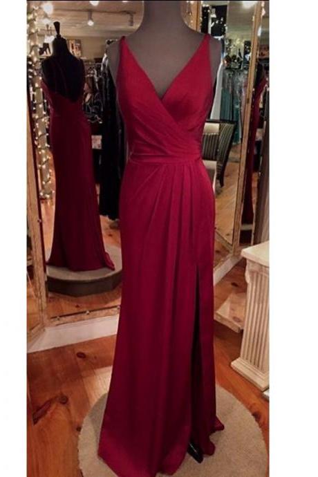 Prom Dresses,evening Dress,gorgeous Wine Red V Neck Chiffon Open Back Prom Dress With Side Slit Burgundy Prom Dresses