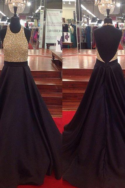 Prom Dresses,evening Dress,modest Prom Dresses,black Prom Dresses,prom Dress,black Halter Satin A Line Open Back Prom Gown With Full Beaded
