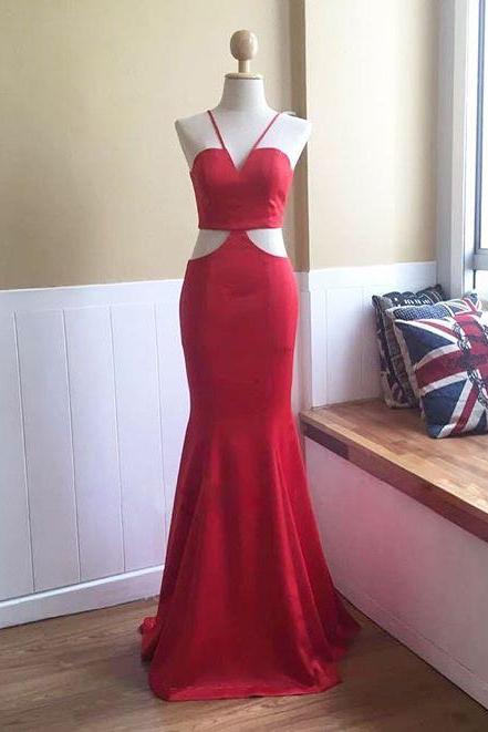Prom Dresses,evening Dress,red Halter Fitted Satin Formal Gown ,prom Dress,evening Gown With Cut Out Back