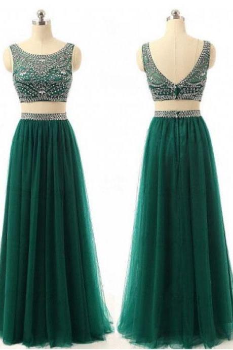 Prom Dresses,evening Dress,sexy Evening Gowns Dark Green Two Piece Prom Dress, Formal Gown , Evening Dress With Beaded Crop Top