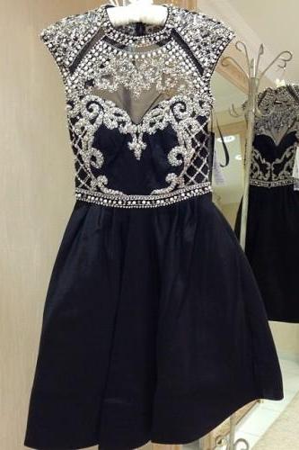 Beaded Navy Blue High Neck Open Back Taffeta Homecoming Dress Beautiful Prom Gown,cocktail Dress,homecoming Dresses