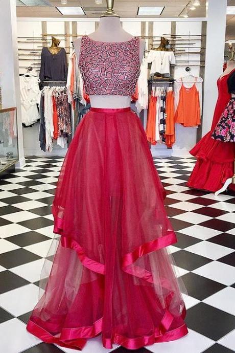 Prom Dresses,evening Dress,sexy Evening Gowns Red Tulle Two Piece Prom Dress , Formal Gown, Sequined Crop Top