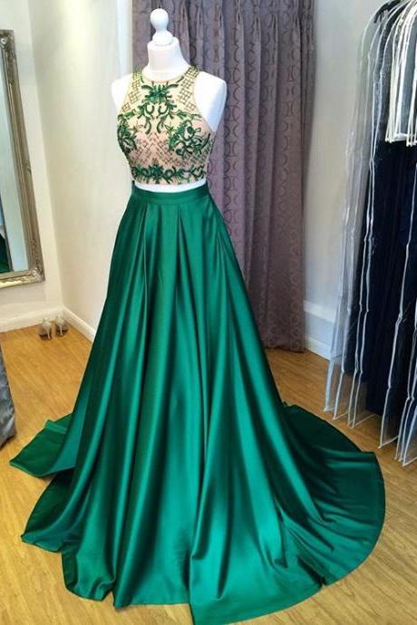 Prom Dresses,evening Dress,two Piece Prom Dresses,green Two Piece Cut Out Shoulder Prom Dress, Formal Gown Beaded Crop Top Evening Gowns