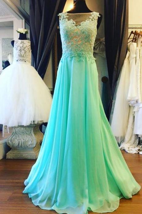 Prom Dresses,evening Dress,prom Dresses,prom Dress,mint Green Illusion Sheer Back Prom Dress , Formal Gown With Lace Appliques