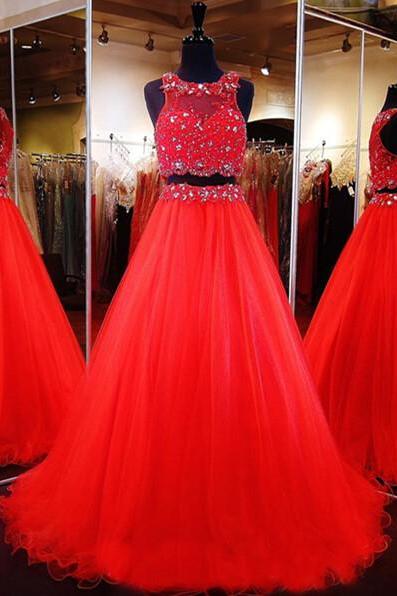 Prom Dresses,evening Dress,2 Piece Prom Gown,two Piece Prom Dresses,red Evening Gowns,2 Pieces Party Dresses,tulle Evening Gowns,sparkle Formal
