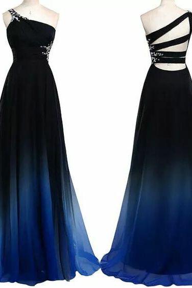 Prom Dresses,Evening Dress,Gradient Prom Dress,Ombre Evening Dress,Beaded One Shoulder Prom Dresses,Royal Blue Prom Gowns,Chiffon Formal Gowns,Teens Bridesmaid Gown For Teens