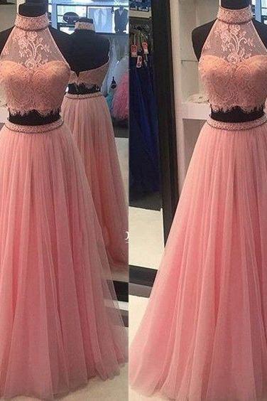 Prom Dresses,Evening Dress,Pink Prom Dresses,2 pieces Prom Gowns, Pink Prom Dresses,2 piece Party Dresses,Long Prom Gown,Prom Dress,Lace Evening Gown, Party Gown