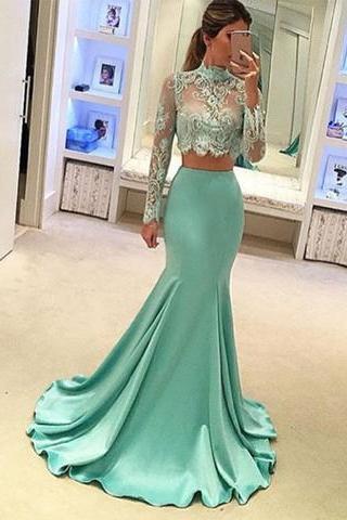 Prom Dresses,Evening Dress,New Arrival Prom Dress,2017 light green two pieces long prom dress, mermaid lace long sleeve evening dresses,formal dresses