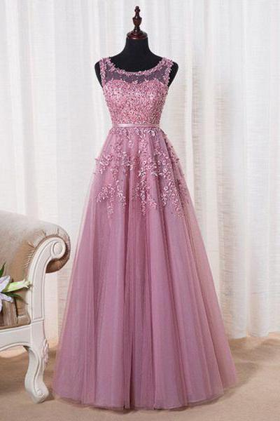 Prom Dresses,Evening Dress,New Arrival Prom Dress,A-line pink tulle lace long prom dress,formal dress,party gown