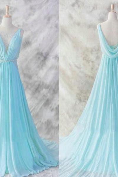 Prom Dresses,evening Dress, Prom Dress,light Blue Chiffon Long Prom Dresses,elegant A-line V-neck Chiffon Prom Dresses