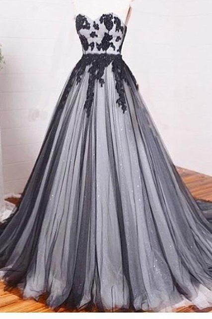 Prom Dresses,evening Dress, Prom Dress,lace Prom Dresses,a-line Black+white Tulle Lace Chiffon Long Evening Dress, Formal Dresses,grad