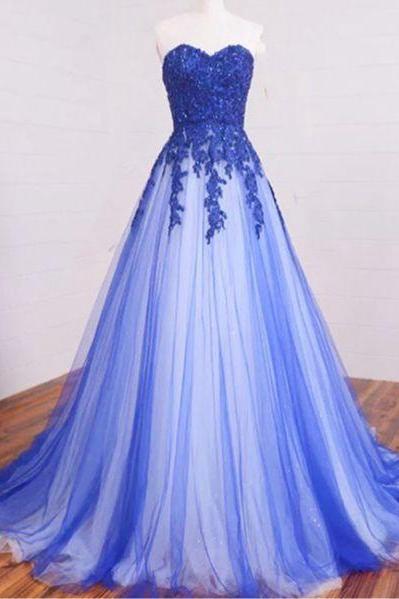 Prom Dresses,evening Dress, Prom Dress,pretty Blue+white Tulle Long Prom Dress,sweetheart A-line Lace Long Prom Gowns,evening Eresses