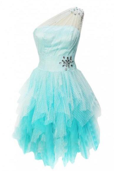 Homecoming Dresses,cute A-line One-shoulder Light Blue Tulle Homecoming Dress With Beads