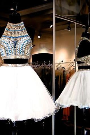White Homecoming Dress,2 Piece Homecoming Dresses,Beading Homecoming Gowns,Short Prom Gown,Sexy Sweet 16 Dress,Bling Homecoming Dress,2 pieces Cocktail Dress,Homecoming Dresses