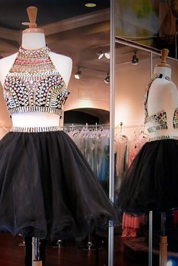 Homecoming Dresses,Black Homecoming Dress,2 Piece Homecoming Dresses,Black Beading Homecoming Gowns,Short Prom Gown,2 pieces Cocktail Dress,Two Pieces Parties Gowns