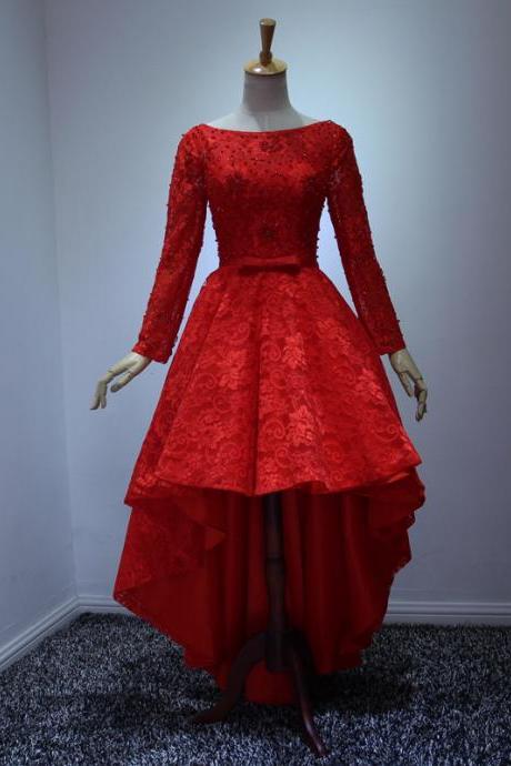 Prom Dresses,evening Dress, Fashion Red Party Dresses Scoop Long Sleeve Lace Up High Low Cocktail Prom Evening Gowns