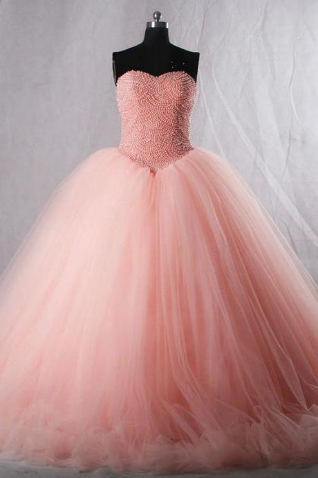 Prom Dresses,evening Dress,luxury Pink Quinceanera Dresses Sweetheart Pearls Corset Tulle Puffy Prom Formal Wedding Ball Gowns Custom