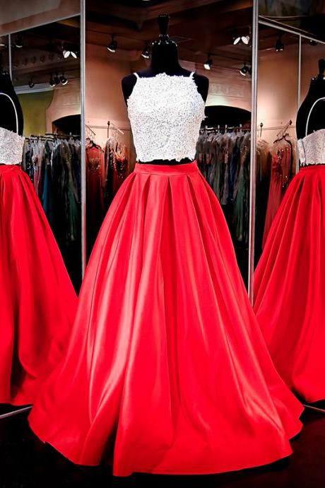 Prom Dresses,evening Dress,two Pieces Party Dresses Two Straps White Lace Top Red Satin Princess A Line Evening Prom Formal Gowns