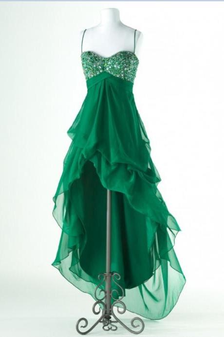 Prom Dresses,evening Dress,party Dresses,charming Prom Dresses,hi-low Prom Dress,spaghetti Straps Prom Dress,green Prom Dress