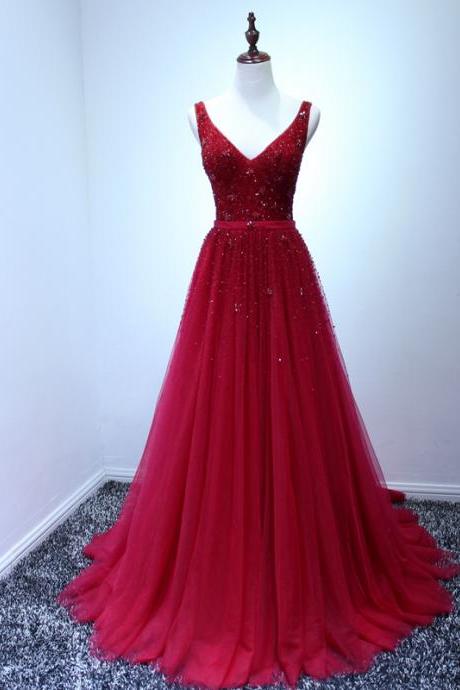 Prom Dresses,evening Dress,party Dresses,a Line Sleeveless V Neck Backless Red Evening Dresses Burgundy Long Prom Dresses