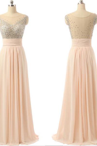 Blush Pink Floor Length A-line Pleated Prom Dress Featuring Plunge V Illusion Neckline, Cap Sleeves, Illusion Open Back And Beaded Embellishments