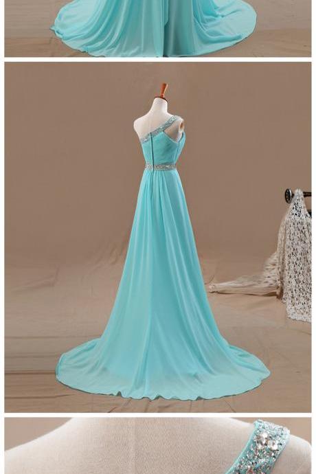 Prom Dresses,Evening Dress,Party Dresses,One Shoulder Prom Dresses,Beaded Evening Dress,Chiffon Prom Dress,Light Blue Prom Dresses,2017 Prom Gown,Elegant Prom Dress,Fashion Evening Gowns for Teens
