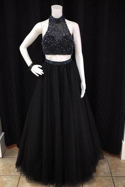 Prom Dresses,Evening Dress,Party Dresses,Prom Dresses,Beaded Prom Dresses,Beading Prom Dress,Black Prom Gown,2 Pieces Prom Gowns,Elegant Evening Dress,Two Piece Evening Gowns,2 Pieces Evening Gowns,A Line Prom Dress