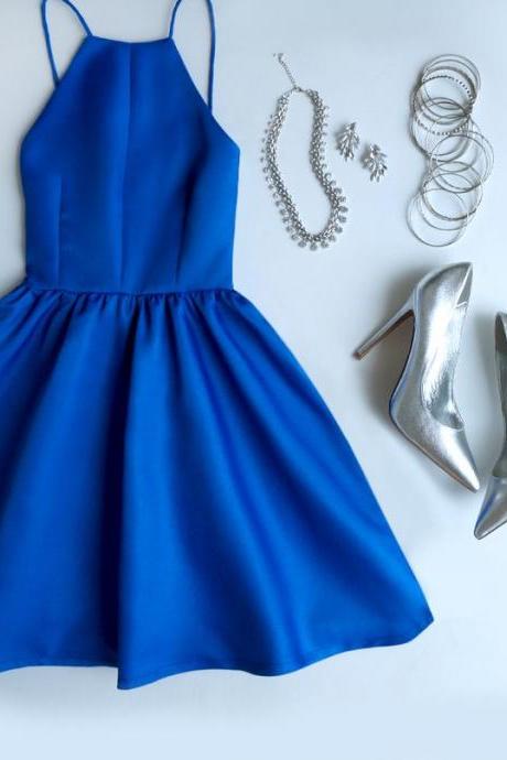 Royal Blue Halter Neck Short Skater Dress, Homecoming Dress