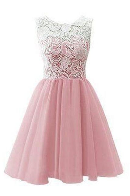 Pink Short A-line Evening Dress Featuring Lace Jewel Neck Sleeveless Bodice