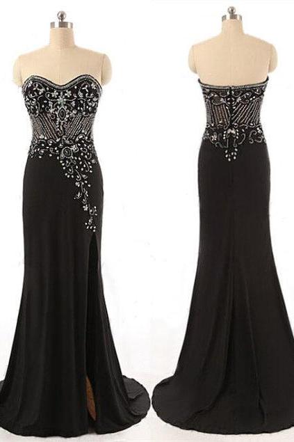 Black Floor Length Chiffon Trumpet Prom Dress Featuring Beaded Embellished Sweetheart Prom Dress