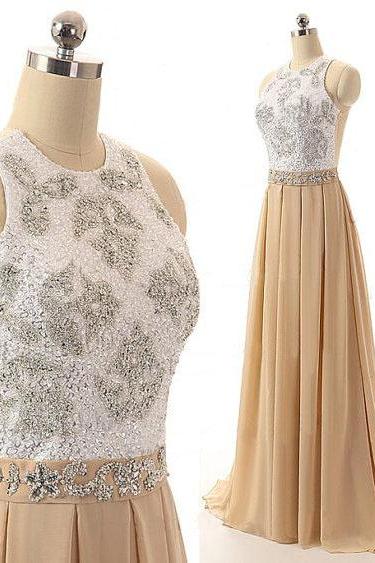 Champagne Floor Length Chiffon A-line Pleated Prom Dress Featuring Beaded Embellished Halter Neck Bodice