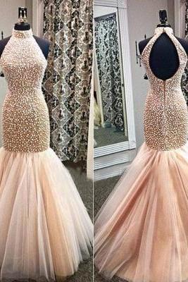 Prom Dresses,Evening Dress,Party Dresses,Champagne Prom Dresses,Mermaid Prom Gowns,Tulle Prom Dresses,Beading Prom Dresses,Mermaid Prom Gown,2017 Prom Dress,Backless Evening Gonw With Beading For Teens
