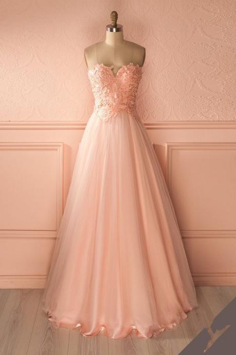 Strapless Sweetheart Lace Appliqués Floor-length Tulle Prom Dress, Evening Dress