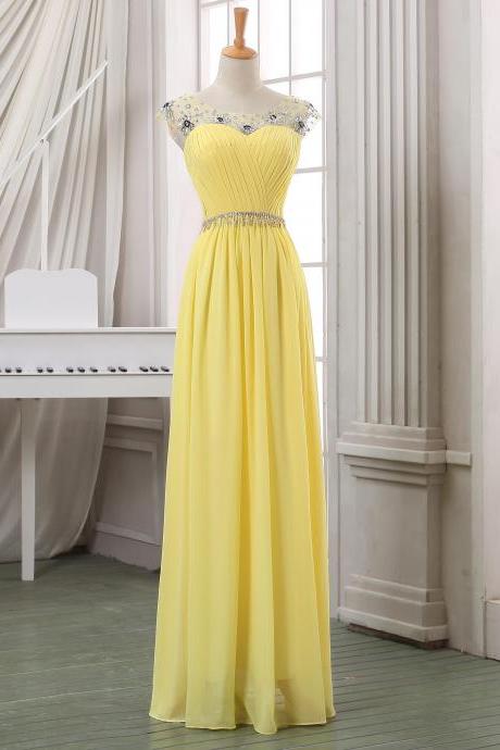 Yellow A-line Floor-length Chiffon Prom Dress With Beaded Illusion Neckline And Crystal Embellished Belt