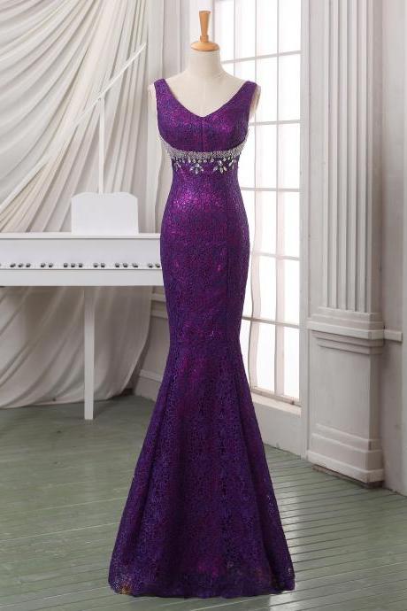 Prom Dresses,evening Dress,party Dresses,purple Mermaid Evening Dress,formal Dress,v Neck Slim Line Lace Long Formal Evening Dress,pageant Dress