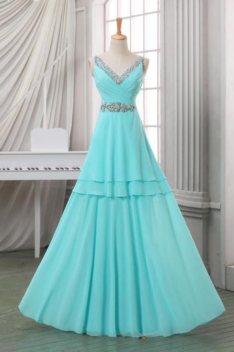 Prom Dresses,evening Dress,party Dresses,custom Long Prom Dress With Beadings And Crystals, Deep V Neck Prom Dress,baby Blue Floor Length Prom