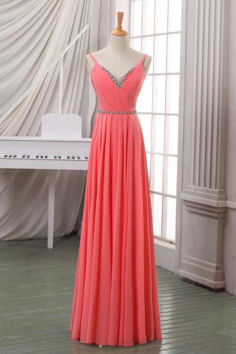 Prom Dresses,evening Dress,party Dresses,coral V Neck Long Chiffon Evening Dress/prom Dress/party Dress With Beadings And Spaghetti Strap,long